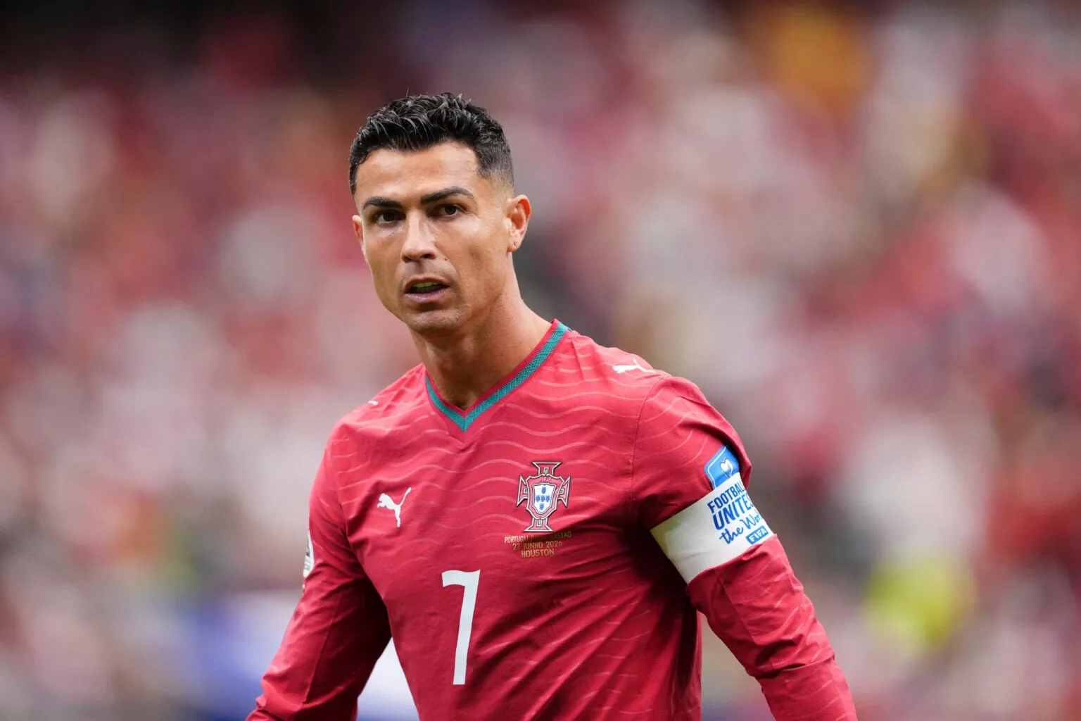 Cristiano Ronaldo of Portugal looks on during the FIFA World Cup 2026 Group K match between Portugal and Uzbekistan at Houston Stadium.