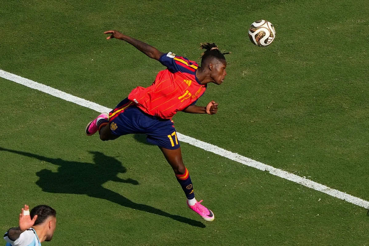 Spain's Nico Williams shoots on goal during the World Cup final