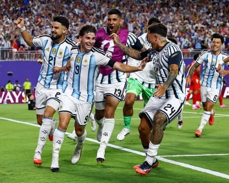 Julián Álvarez celebrates scoring for Argentina in extra time against Switzerland in their World Cup quarter-final at Kansas City Stadium