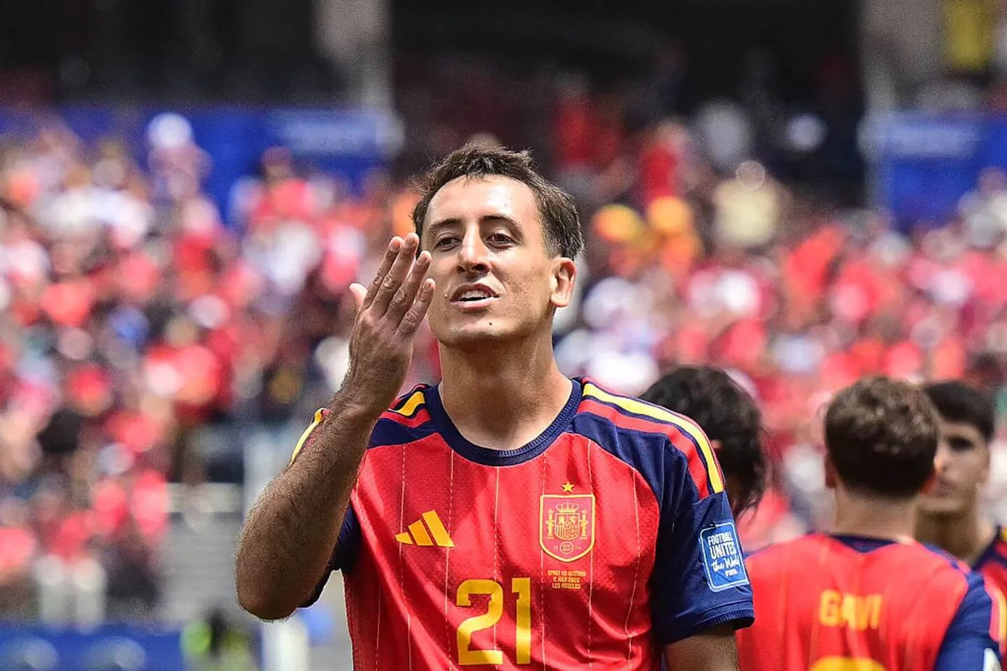 Spain's forward #21 Mikel Oyarzabal celebrates scoring his team's third goal during the 2026 World Cup round of 32 football match between Spain and Austria at the Los Angeles Stadium in Inglewood on July 2, 2026. (Photo by Frederic J. Brown / AFP via Getty Images)