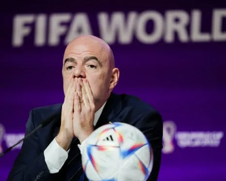 The Fifa president, Gianni Infantino, talks at a World Cup press conference.